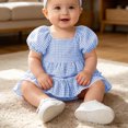 thumbnail image 6 of Fesfesfes Baby Toddler Girls Plaid Puff Sleeve Romper Dress with Bow Headband, Cute Summer Short Sleeve Onesie Bodysuit Outfit for Daily Wear Kids 0-18 Months Old., 6 of 9