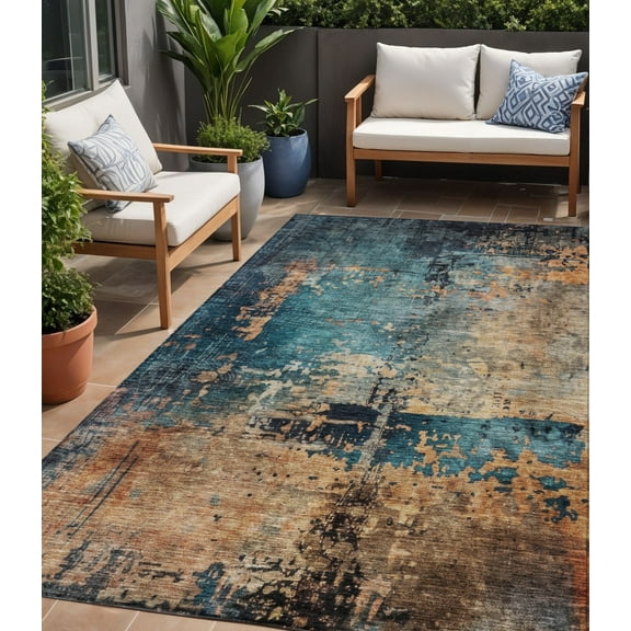 HomeRoots 606075 5 x 8 ft. Teal Blue, Black & Copper Abstract Washable Indoor & Outdoor Rectangle Area Rug