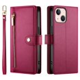 thumbnail image 2 of For iPhone 13 mini 5.4-inch Wallet Case for Women Men Multi-Card Slots Zipper Pocket Lanyard Strap Wristlet Leather Phone Case,Red,For iPhone 13 mini, 2 of 7
