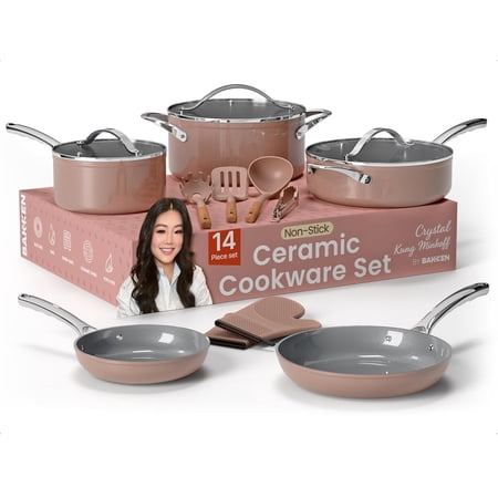 Bakken Crystal Kung Minkoff 14-Piece Ceramic Cookware Set with Lids, Nonstick Pots & Pans, Silicone Utensils & Oven Mitts, Dishwasher Safe