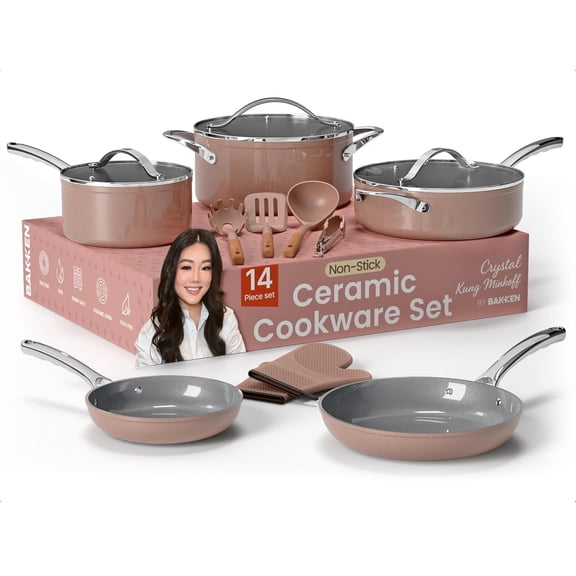 Bakken Crystal Kung Minkoff 14-Piece Ceramic Cookware Set with Lids, Nonstick Pots & Pans, Silicone Utensils & Oven Mitts, Dishwasher Safe