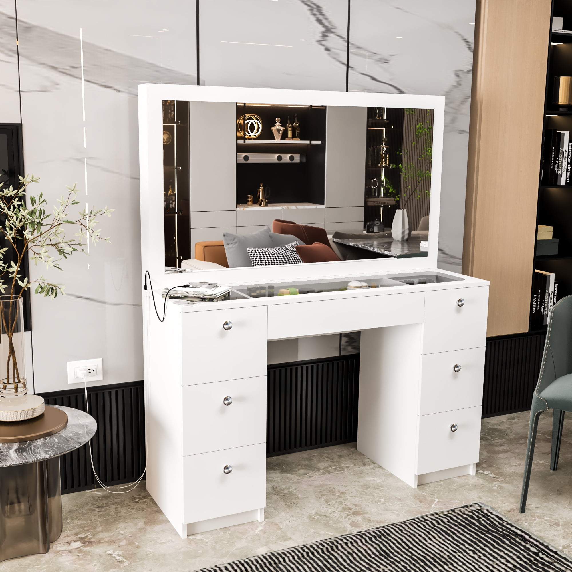 Ember Interiors Chantal Modern White Painted Vanity Table, USB Port