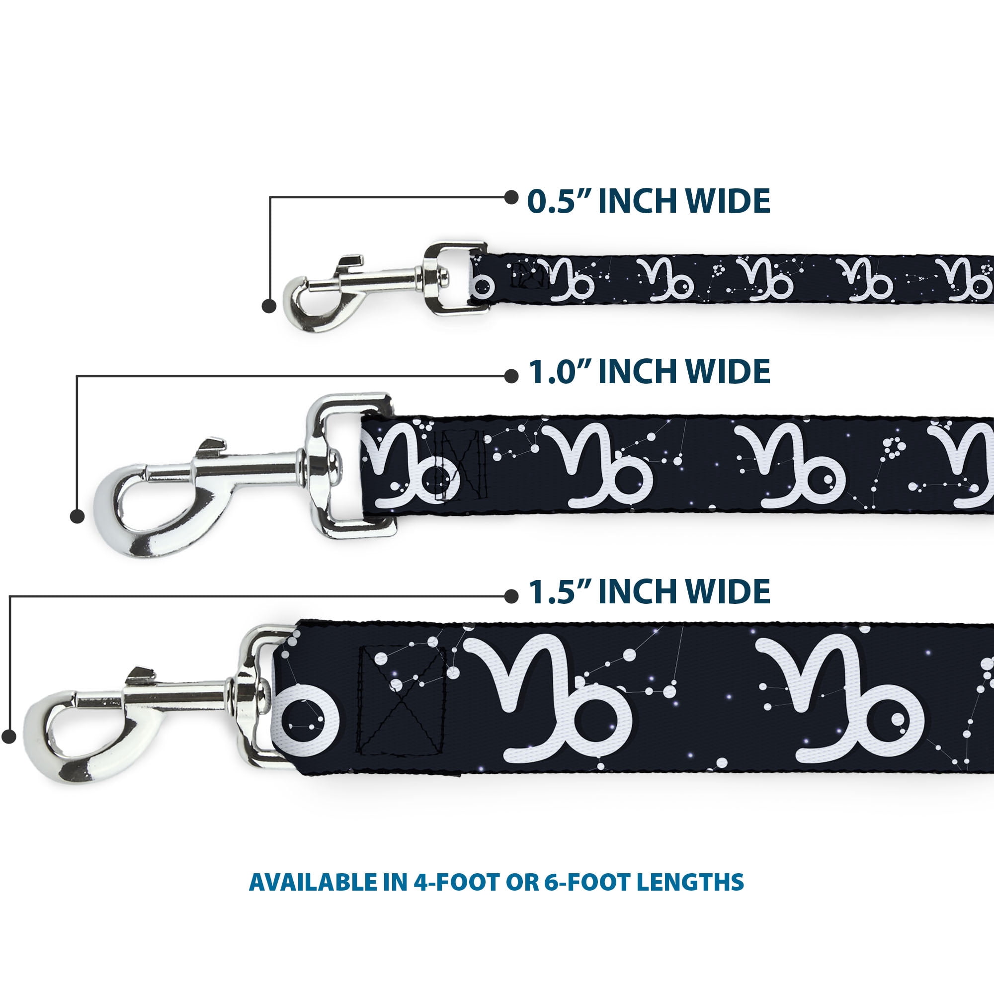 Buckle-Down Pet Leash, Dog Leash, Zodiac Capricorn Symbol Constellations Black White, 6 Feet Long 1.0 Inch Wide