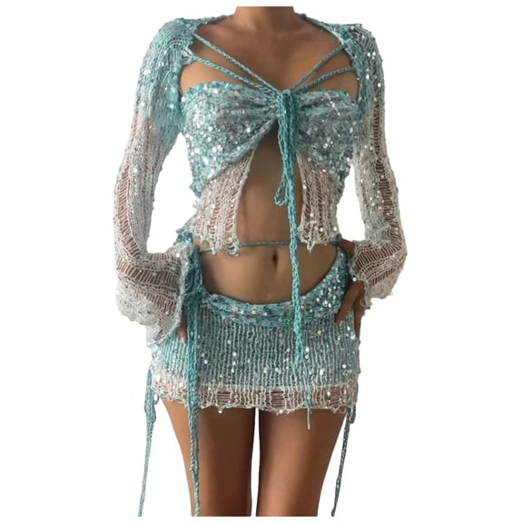 OJSFQUFP Women Fashion Sexy Hollow Sequins Bandage Tube Top One Dress and Multiple Dresses Dress Set