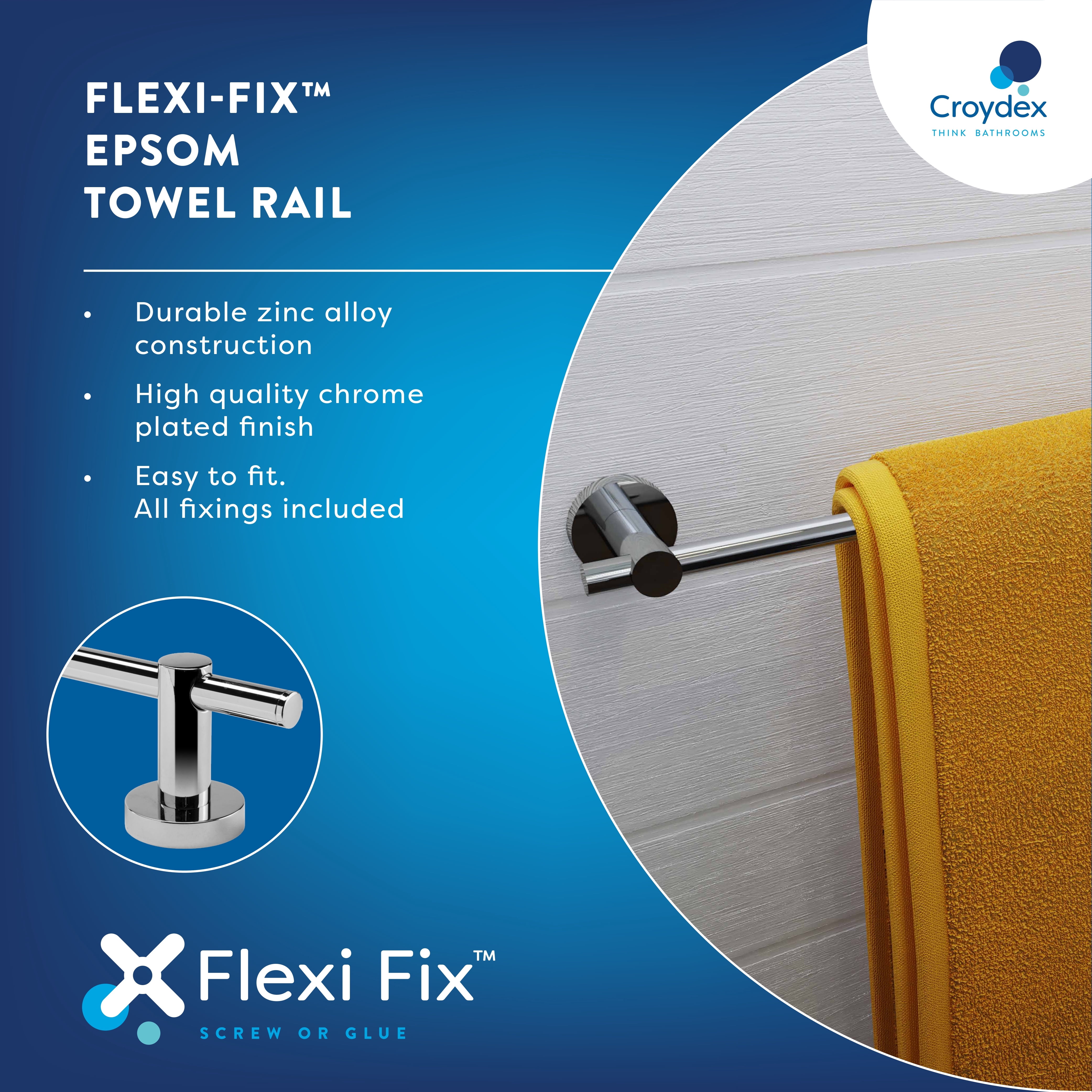 Croydex Epsom Flexi-Fix Screw or Glue Bathroom Towel Bar, Chrome (26.5in)