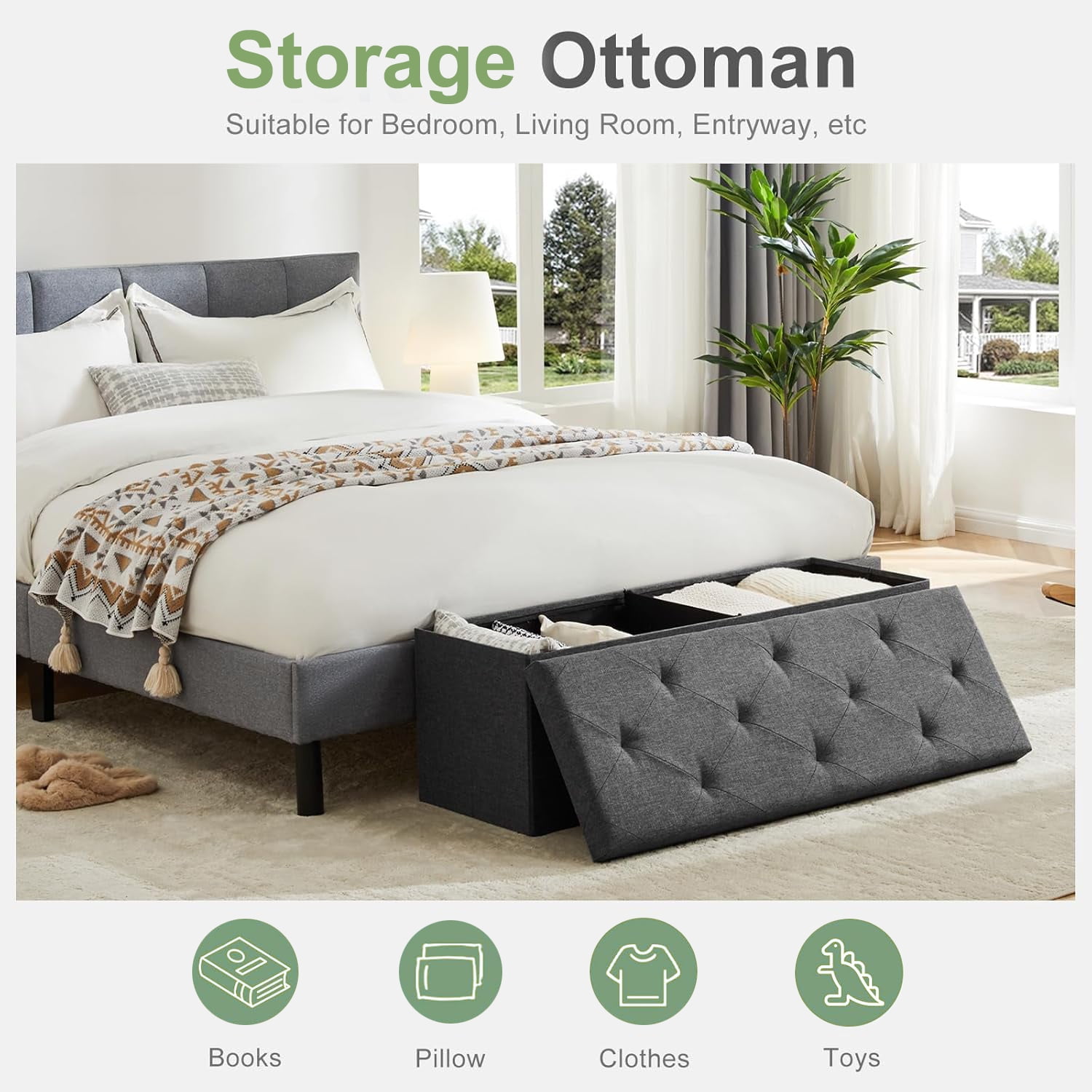 Casabay Storage Ottoman Bench, 43 Inches Foldable Storage Footrest with Padded Seat for Bedroom End of Bed, Living Room