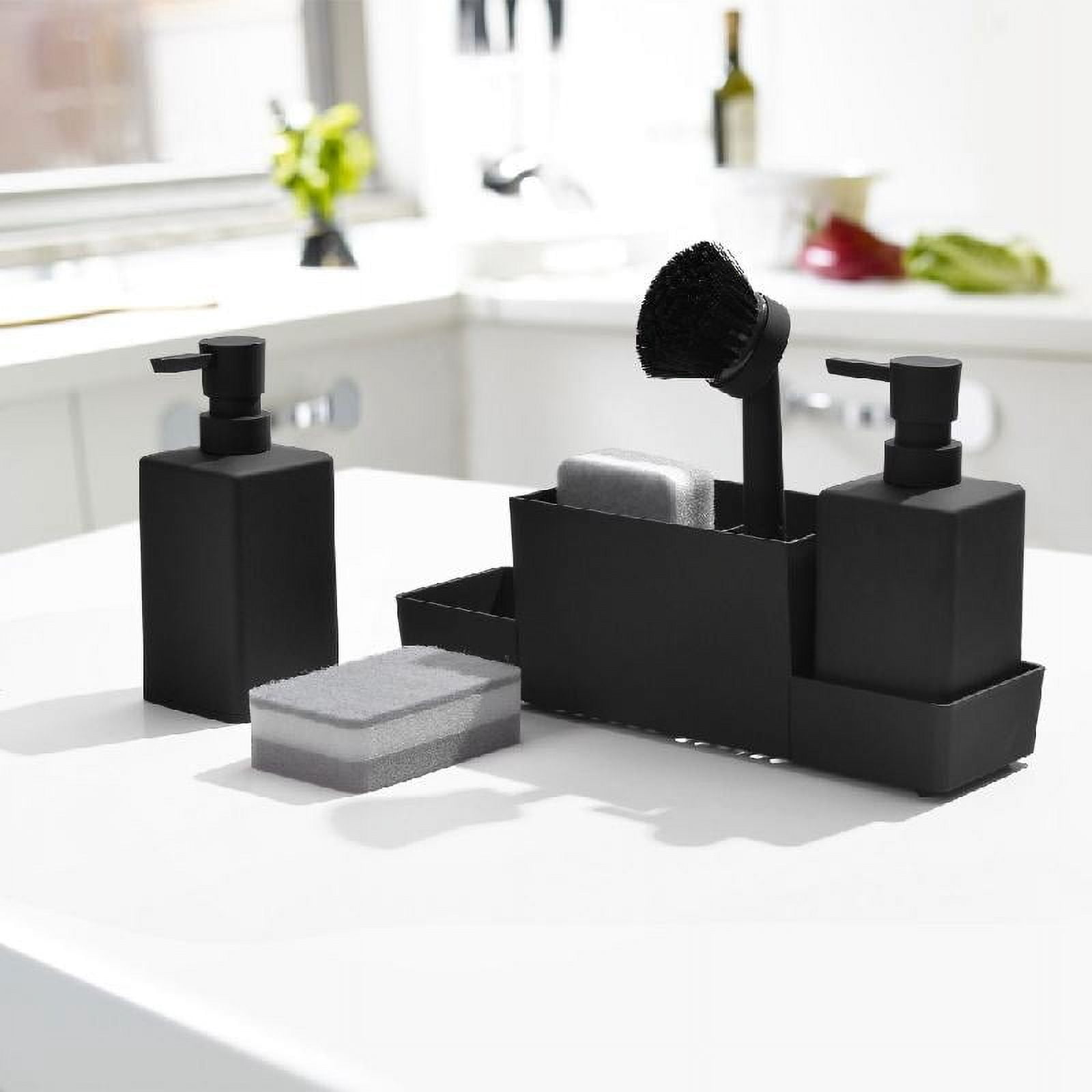 Kitchen Soap Dispenser with Sponge Holder and Storage Tray Cleaning Tool Rack