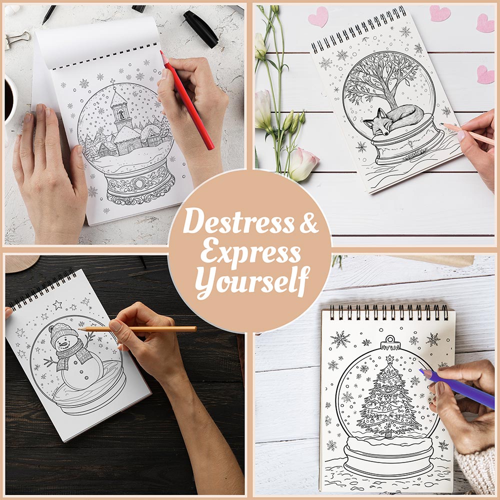 Netecom Snow Globe Coloring Book Spiral Bound for Adults, A5 Wooden Cover, 30 Magical Coloring Pages of Enchanted Winter Scenes for Stress Relief and Relaxation