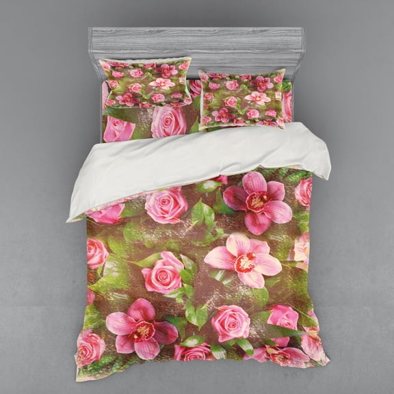 Ambesonne Shabby Flora Bedding Set 4 Pcs, Retro Flora Romance, Queen, Green Pink Pale Pink