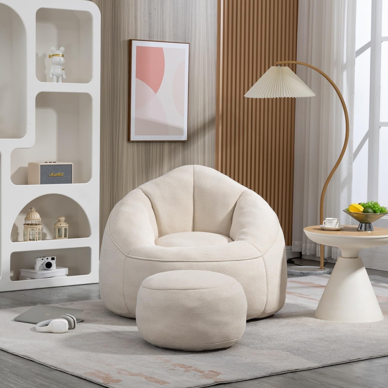 Bean Bag Chair for Adult,Microfiber Upholstered Sofa with Footstool Shell-Shaped Memory Foam Stuffed Lazy Sofa