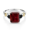 thumbnail image 2 of Gem Stone King 925 Silver and 10K Yellow Gold Red Garnet and Black Onyx and Diamond Engagement Ring for Women (4.16 Cttw, Emerald Cut 10X8MM, Trillion 3.5MM, Size 8), 2 of 3