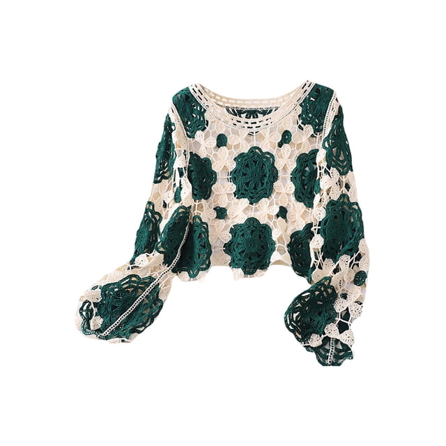 ZAXARRA Femmes Printemps Été Tricot Tops Manches Longues Col Rond Floral Crochet Casual Crop Tops