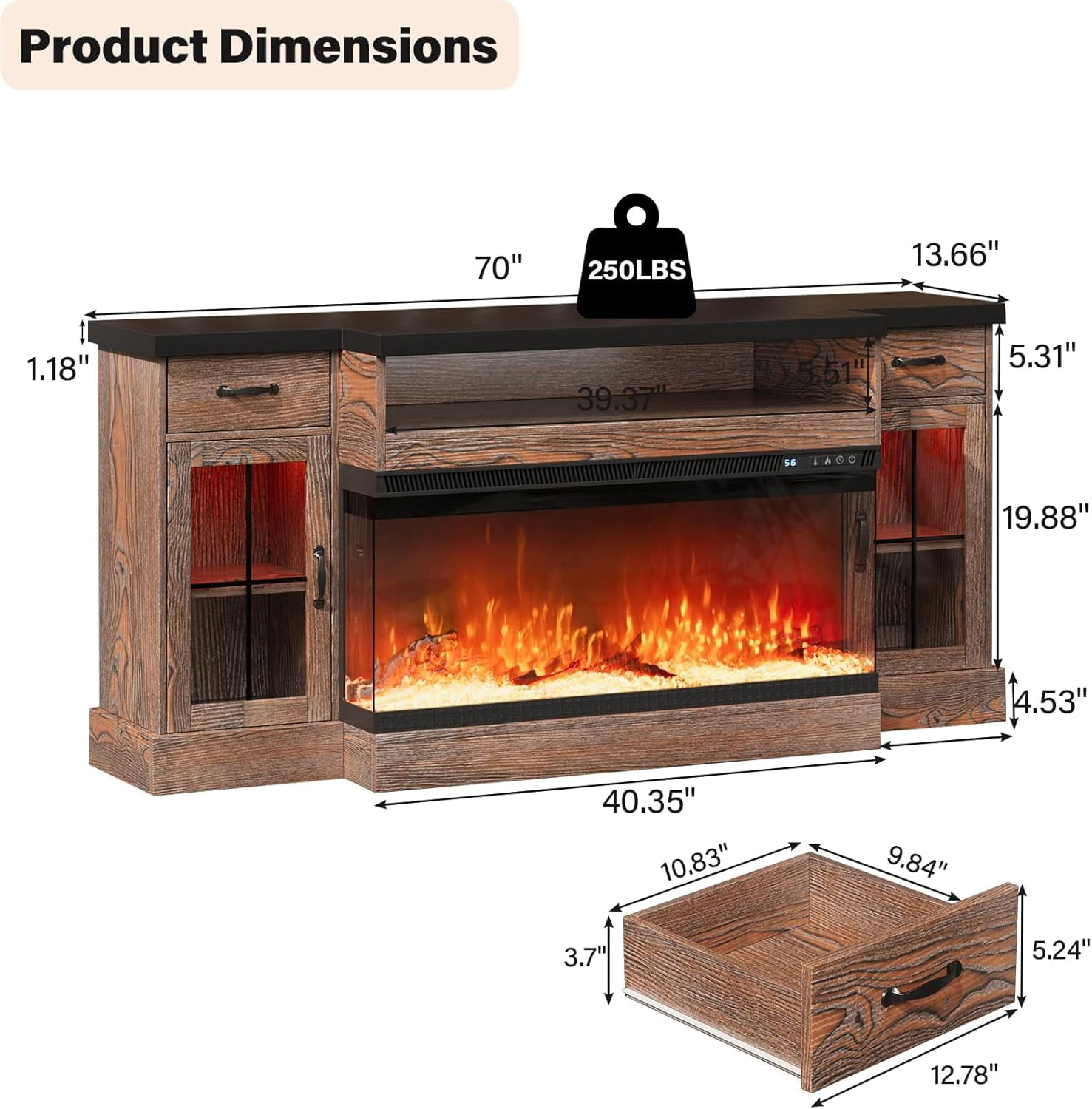 DreamCurship Fireplace TV Stand for TVs up to 80", Farmhouse TV Stand with Electric Fireplace, Glass Door Entertainment Center with Led Light, Media Console Table for Living Room, Black Brown