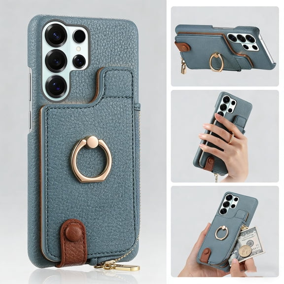 Case for Samsung Galaxy S24 Ultra Zipper Wallet Case, PU Leather Case with Card Holder, Ring Holder Stand, RFID Blocking Magnetic Car Mount Shockproof Cover for Samsung Galaxy S24 Ultra - Blue