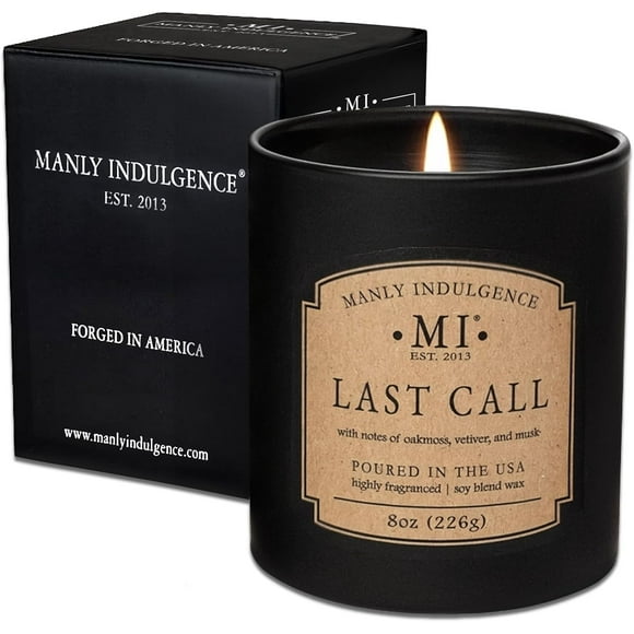 Manly Indulgence Last Call Scented Jar Candle, Cotton Wick, Premium Soy Blend White Wax, 45 hr Burn, Matte Black Jar Candle for Home and Men, Gift Box, 8 oz - USA Poured
