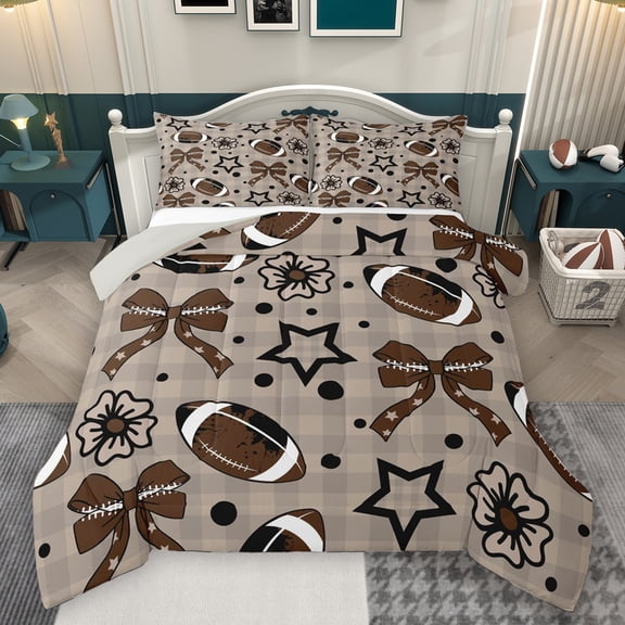 Homewish Kawaii Brown Bowknot Bedding Comforter Set for Kids, Cartoon Stars Flower Twin Comforter Sets, Rugby Football Lover Reversible Bedding Set, Breathable Home Decor, 2pcs