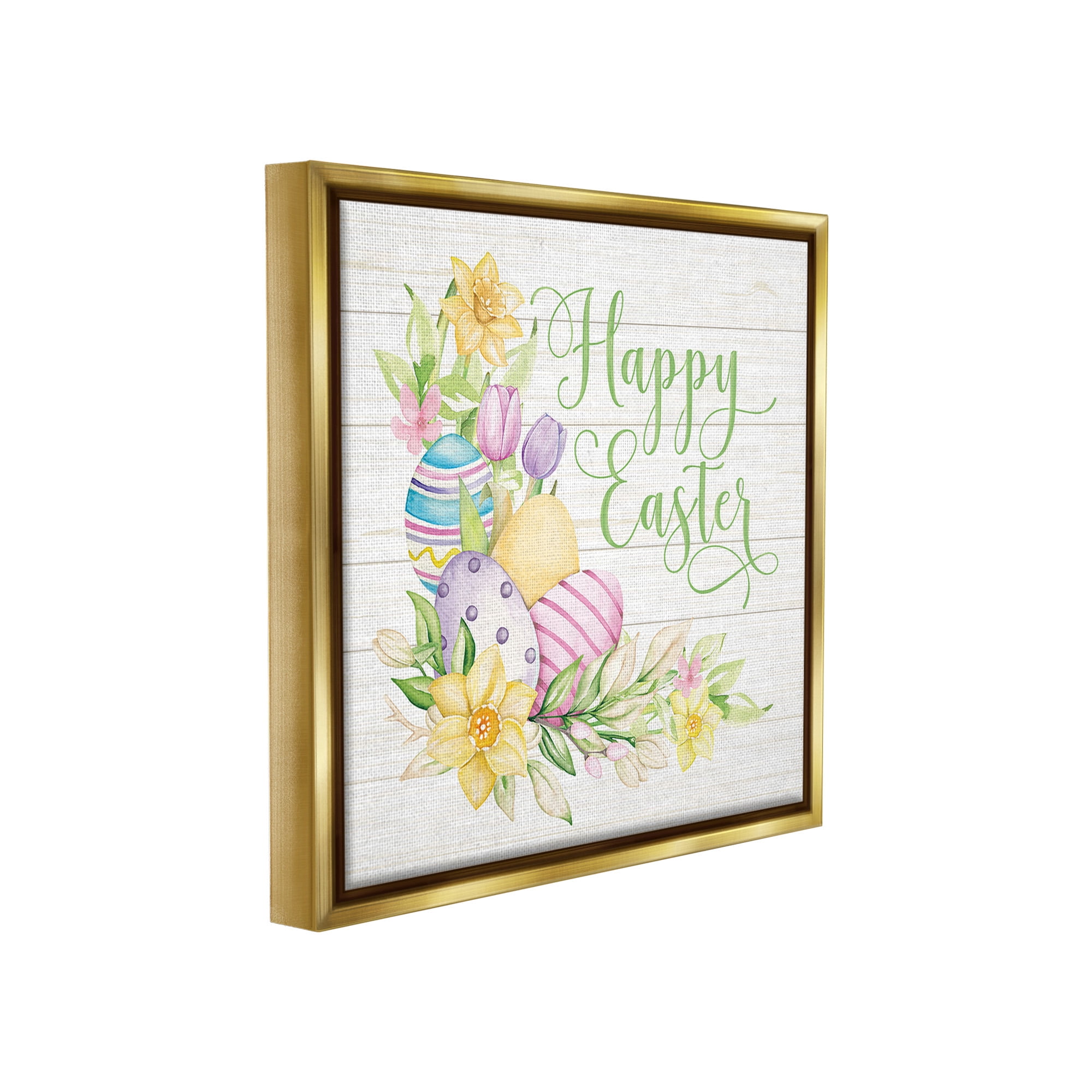 Stupell Industries Happy Easter Daffodils Holiday Painting Gold Floater Framed Canvas Art Print Wall Art, 25 x 25