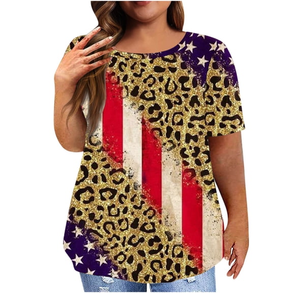 Levmjia Women's Plus Size T-Shirt, American Flag Vintage Distressed Print Short Sleeve Patriotic Top, Casual USA Summer Crewneck Graphic Tee for Ladies