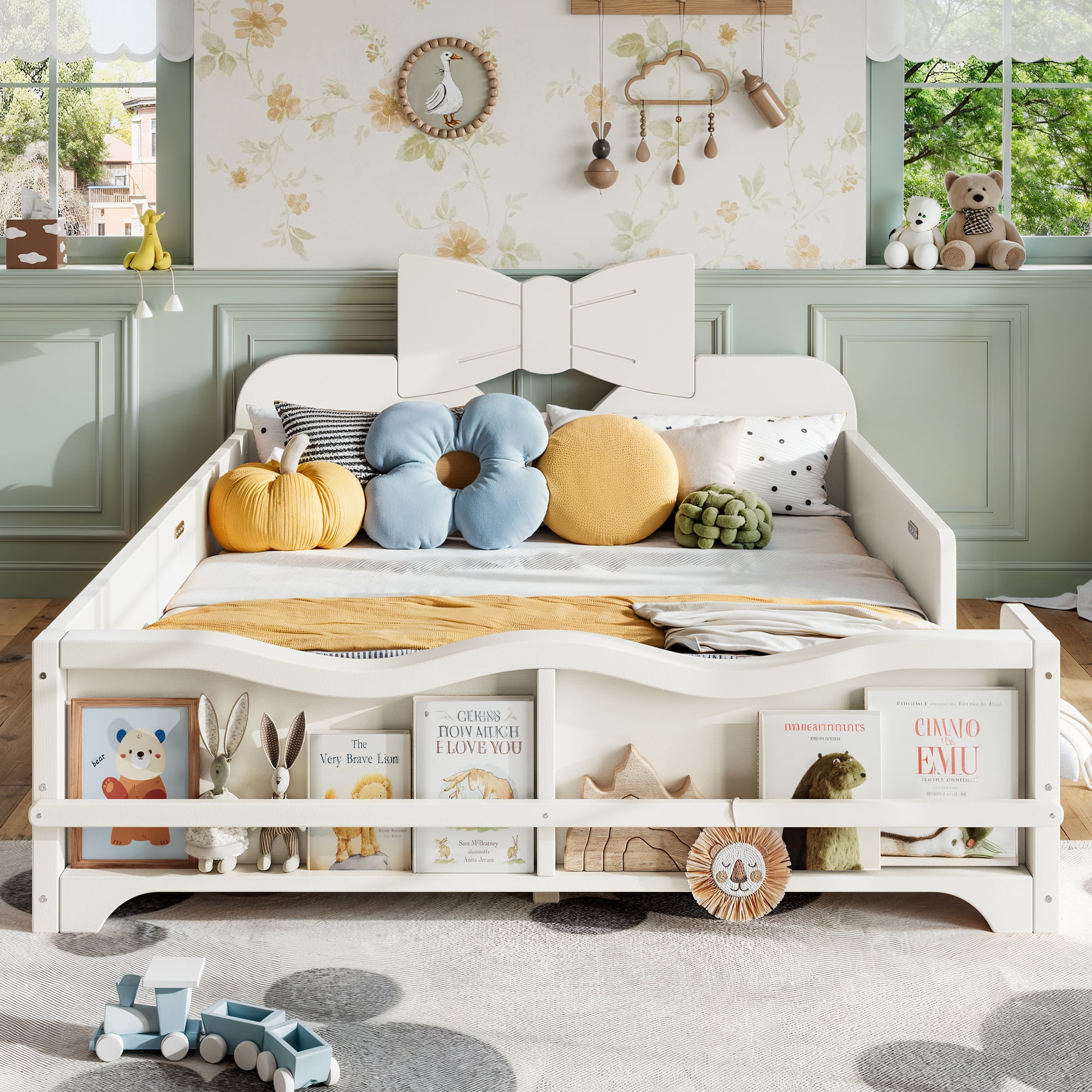 Leumius Full Platform Bed,Modern Wood Frame Bed with Full Surround Guardrails & Built-in Side Bookshelf for Kids Room,No Box Spring Needed,Beige