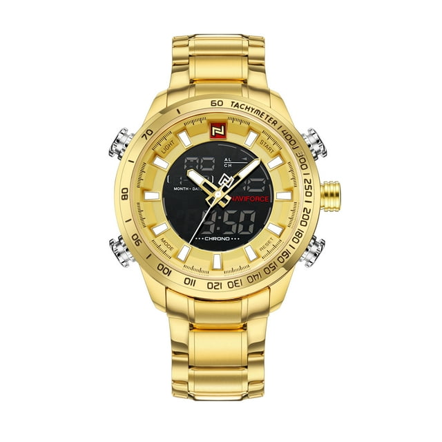 TFixol Vintage Men's Dual Time Display Quartz Watch with LED Hands, Gold Case, and Stainless Steel Strap (NF9093#)