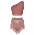 thumbnail image 2 of Doomiva Women 2Pcs Latin Dance Outfit Figure Skating Dress One Shoulder Crop Top + Tassel Shorts Dusty Pink L, 2 of 7