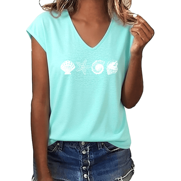 UNISHE Women's Minimalist Seashell Starfish Graphic V-Neck Short Sleeve Casual Lightweight Summer Beach Ocean Lover Vacation T-Shirt Top