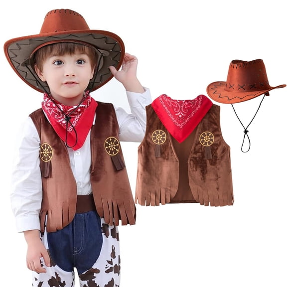 LPKRT Baby Western Cowboy Style Outfits Fringe Vest And Hat Scarf Kids Role Play Parties Stage Performance Clothing Sets Coffee 8-9 Years