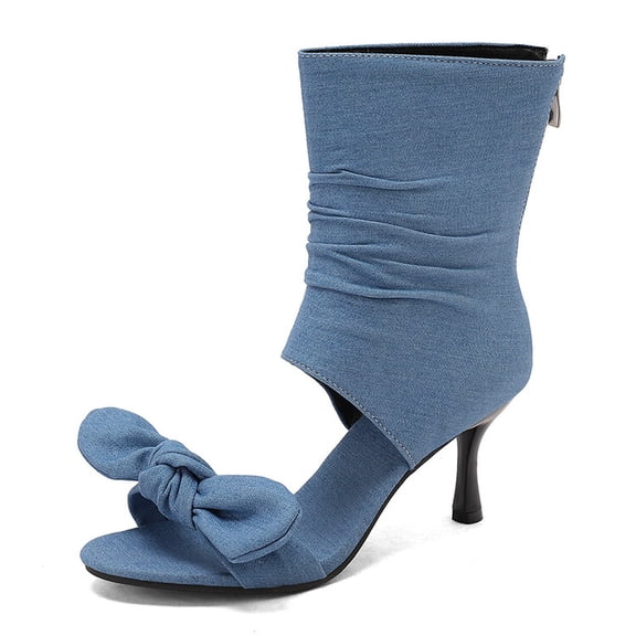 SACFOF Women's Peep Toe Stiletto Denim Sandals Summer Booties Lace Up Thin Heels Back Zip Tassel Pumps
