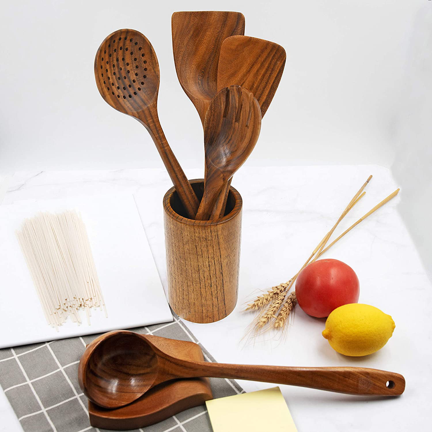 Wooden Spoons for Cooking – Wooden Utensils for Cooking Set with Holder & Spoon  Rest, Teak Wood Spoons and Spatula, Nonstick Natural Kitchen Cookware –  Durable Set of 13Pcs by Woodenhouse –