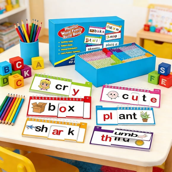 Word Family Build Book, 40 Read And Rhyme Flip Books, Learn To Read Phonics Flash Cards, Sight Words Flash Cards Kindergarten Flip Books For Kids Homeschool Preschool Learning Activities