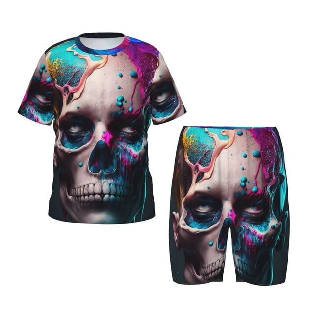 Fotbe Modern Abstract Colorful Skull B Pijama Estampada de 2 Piezas para Niños – Ropa de Dormir de Manga Corta Cómoda para Niños y Niñas, Camiseta y Shorts de Algodón-X-Large