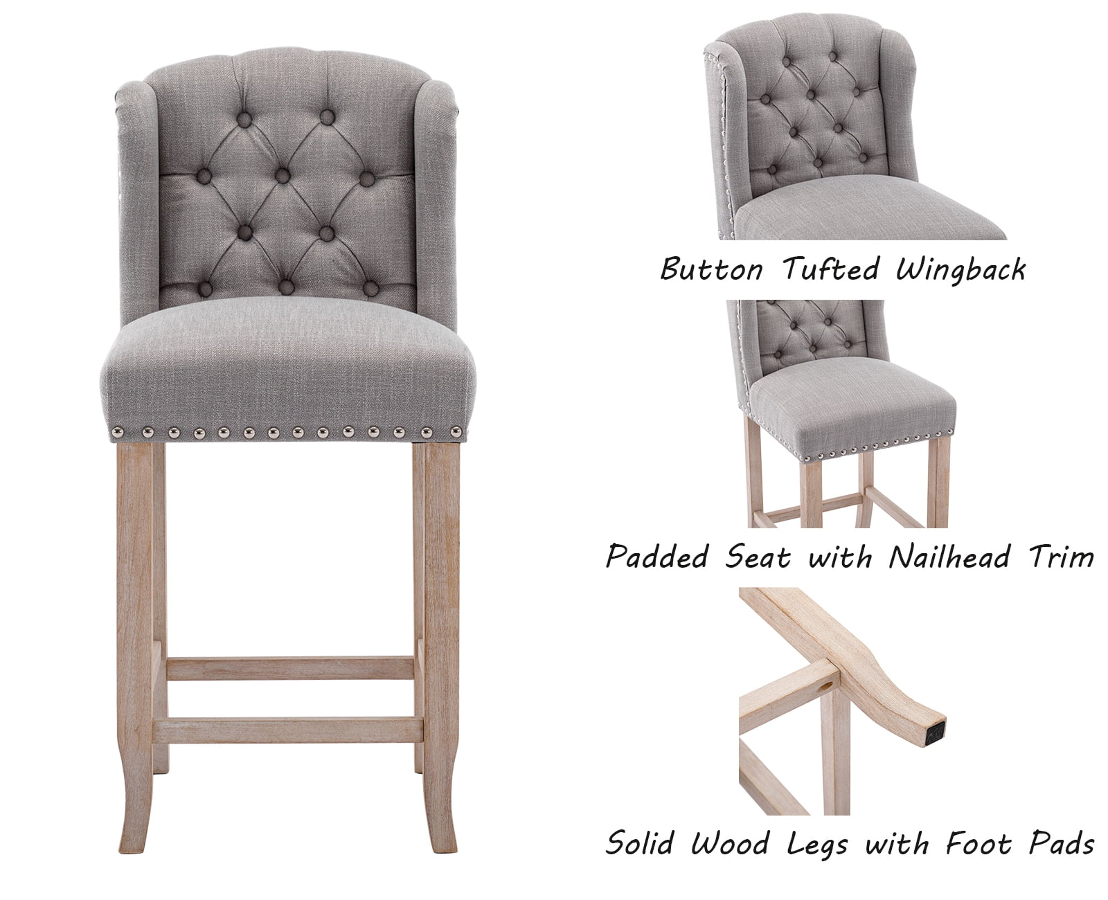 Guyou Modern Tufted Bar Stool Set of 2, 26" Counter Height Bar Stool with Back and Nailhead Trim, Linen Upholstered Solid Wood Kitchen Island Chair Barstools for Bar Restaurant Cafe Dining Room, Grey