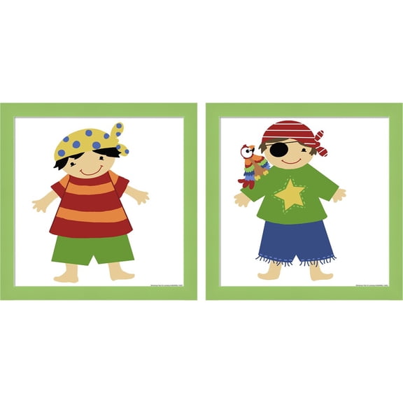 Great Art Now Polka Dot Pirate & Parrot by Jennifer Nilsson, 2 Piece Framed Art Set Each 14"W x 14"H