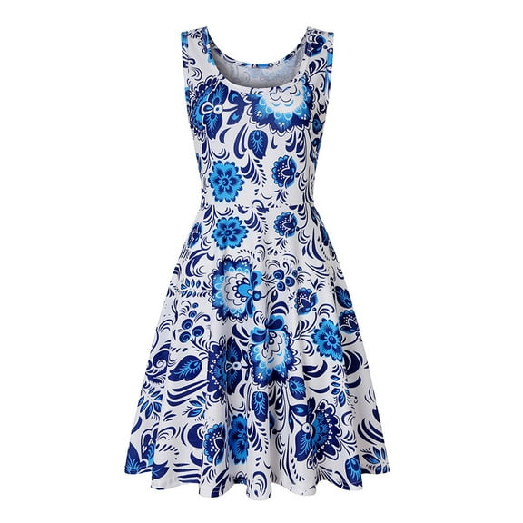 IROINNID A-Line Dress For Women Fashion Sleeveless Printed Skinny Dress Long Dress V-Neck Knee-Length Dress