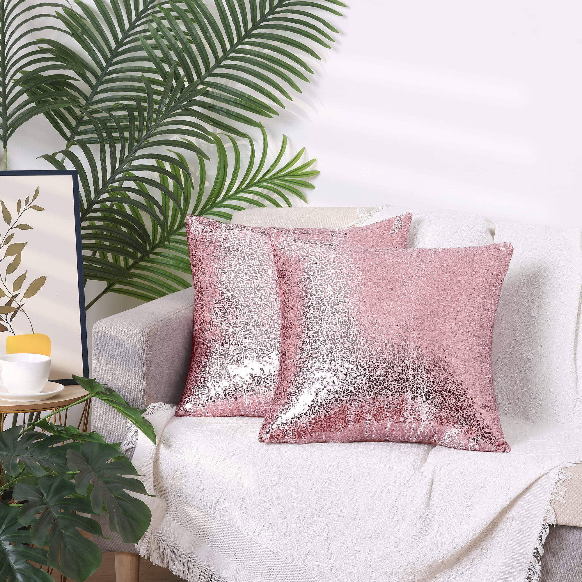 Unique Bargains Sequin Throw Pillow Covers 2 Glitter Decorative Pillow Cases Cushion Cover Pink 18" x 18"