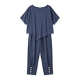 thumbnail image 6 of PRINxy Women All Match Linen Texture Two Piece Outfit Summer Crew Neck Short Sleeve Top Loose Wide Leg Pants Ladies Outdoor Leisure Daily Wear Suit Navy XL, 6 of 7