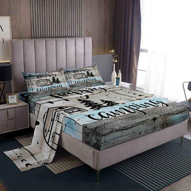 YST Boho Camper Decor Bed Sheets Twin Happy Camping Sheet Set Rv Accessories Bedding For Travel Trailers Bunks,Rustic Farmhouse Stars Moon Fitted Sheet Blue Grey Flat Sheet 3 Pcs