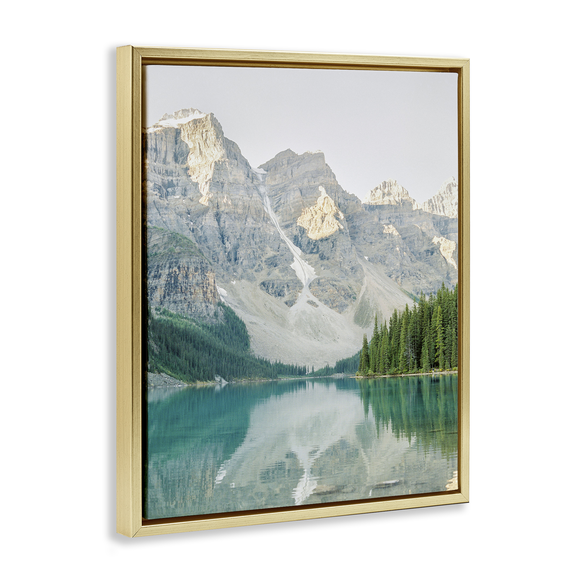 Stupell Industries Reflective Mountain Lake Landscape Photography Gold Floater Framed Art Print Wall Art, 25 x 31