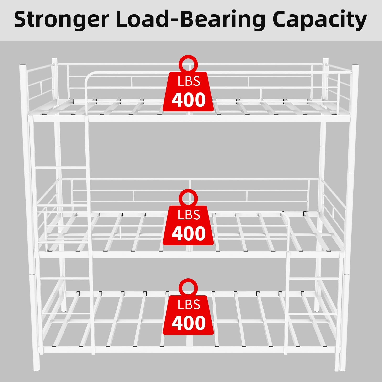 Alvantor Triple Bunk Bed Twin Over Twin Over Twin 3-in-1 Metal Bed Frame for Kids Teens with Ladders and Safety Guardrails White
