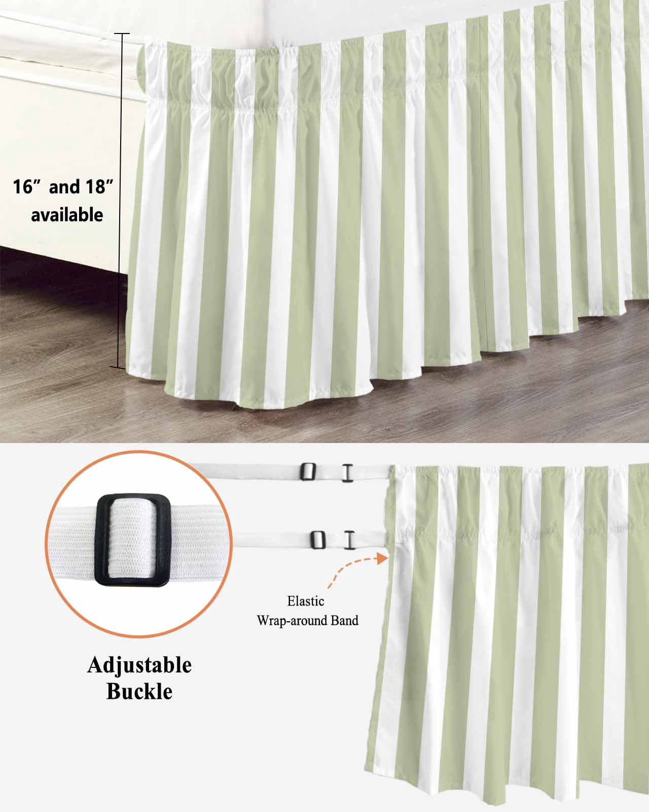 Sage Green Striped Bed Skirt Queen Size, Modern Farmhouse Sage Green White Stripes Wrap Around Bed Skirting with Adjustable Elastic Strap, Dust Ruffle Pleated Bedskirts 16 Inch Drop for Bedroom Beds
