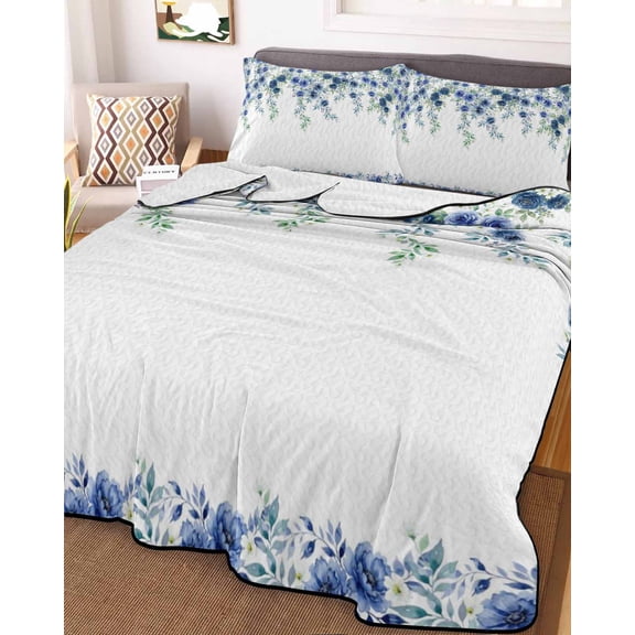 Blue Roses Queen Size Down Alternative Comforter,Lightweight Comforter Quilt Bedding Set with Pillow Shams Spring Floral Elegant Pastoral Flowers Botanical Bed Comforter Duvet Insert 90"x96"