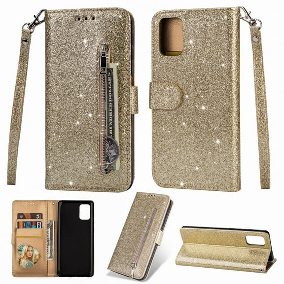Dteck Case For Samsung Galaxy A71 4G (6.7 inches),Magnetic Bling Glitter Leather Wallet Case ,With Strap Card Holder Zipper Kickstand Cover,Gold