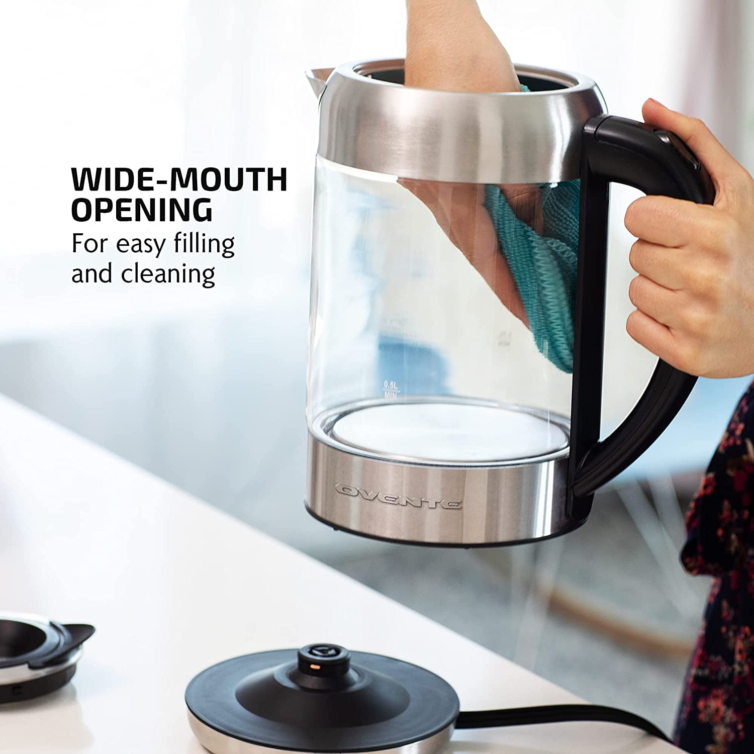Ovente Electric Glass Hot Water Kettle 1.5 Liter Easy ProntoFill Black KG516B