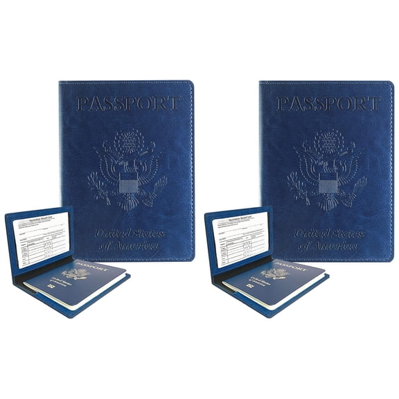 DEZEN Passport Holder with Vaccine Card Holder Slot Combo, PU Leather Waterproof, Dark Blue, Pack 2