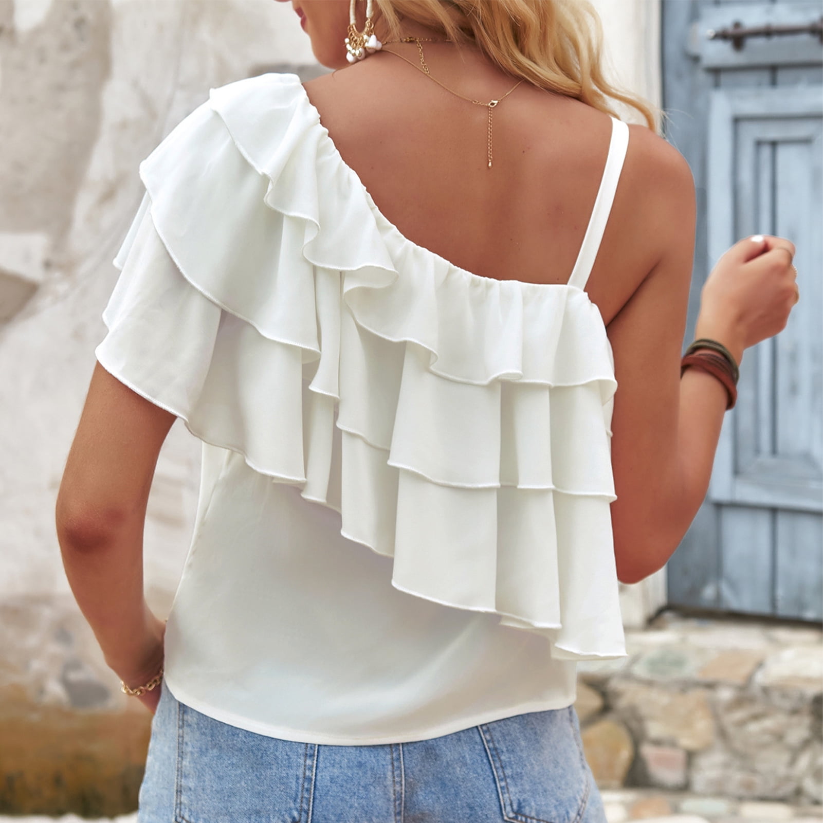 white off the shoulder top with ruffles