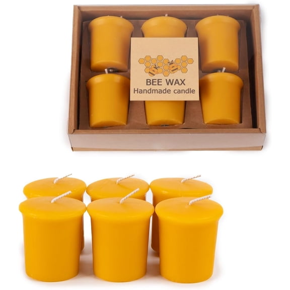 6 Pack Beeswax Votive Candles 2x2 Inch, 10-Hour Time (60 Hrs ), & Unscented Wax Candles for Prayer, Decor, & Weddings