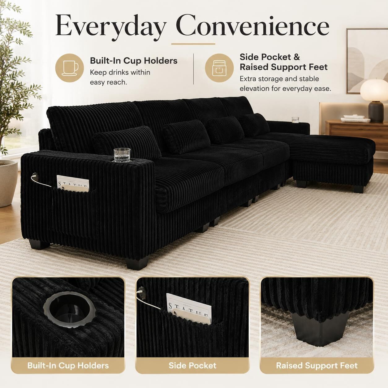 Howcool 125" 5 Seat Modular Sectional Sofa, L Shaped Deep Seat Cloud Couch with Movable Ottoman, Corduroy Sofa with Cup Holders & Lumbar Pillows for Living Room, Black
