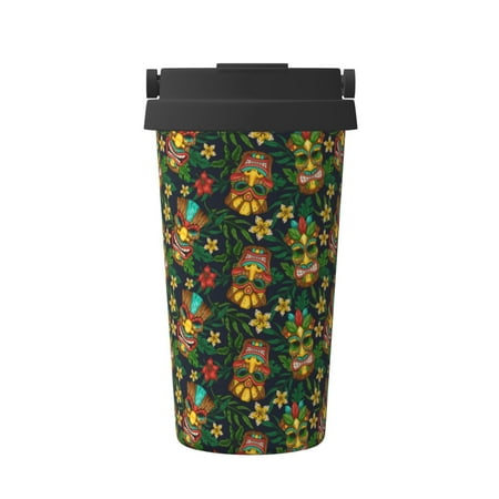 

Uemuo Mask Tropical Flower Print Carry Insulated Coffee Mug Travel Mug with Hidden Handle Insulated Coffee Flask Leak-proof Travel Mug Insulated Mug for Office