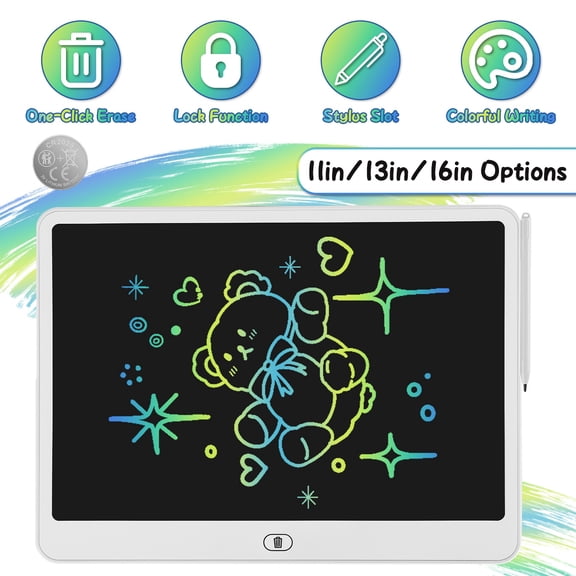 Imountek 11/13/16 Inch LCD Writing Tablet for Toddlers, Color Pressure-Sensitive Doodle Board with Storage Stylus, Anti-Erase Lock & One-Touch Clear