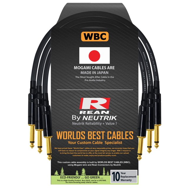 3 Units - 7 Inch -Pedal, Effects, Patch, Guitar Instrument Cable Custom Made by WORLDS BEST CABLES – Made Using Mogami 2524 Wire and Neutrik-Rean NYS224BG Gold ¼ inch (6.35mm) TS Plugs